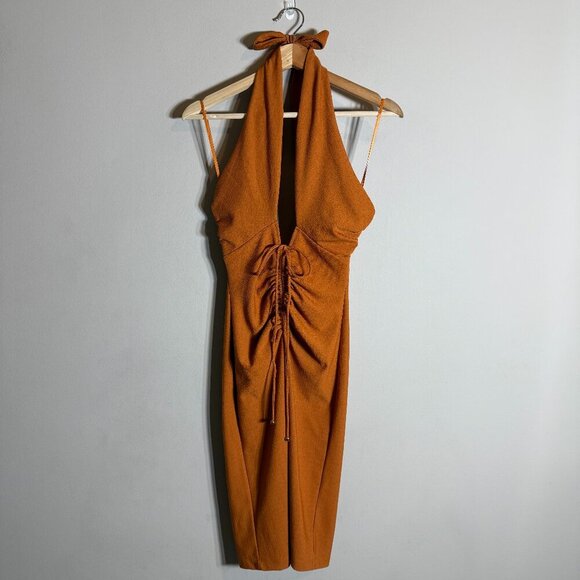 Saints + Secrets Halter Deep V Bodycon Dress Women's Small Rust Orange Vacation - Picture 2 of 14